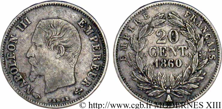 20 centimes Napoléon III, tête nue 1860 Paris F.148/14 VF35 