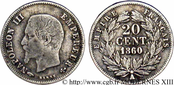 20 centimes Napoléon III, tête nue 1860 Paris F.148/14 TB20 