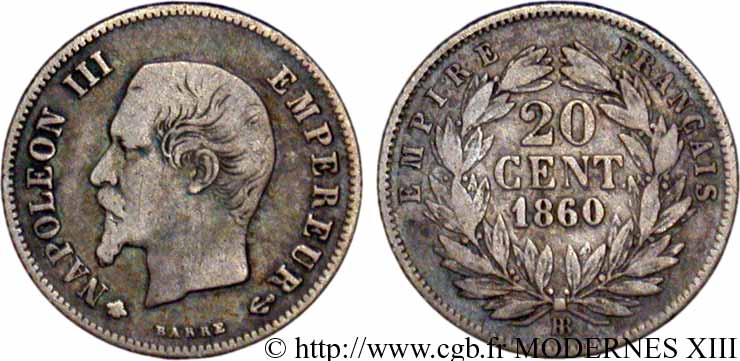 20 centimes Napoléon III, tête nue 1860 Strasbourg F.148/16 BC25 