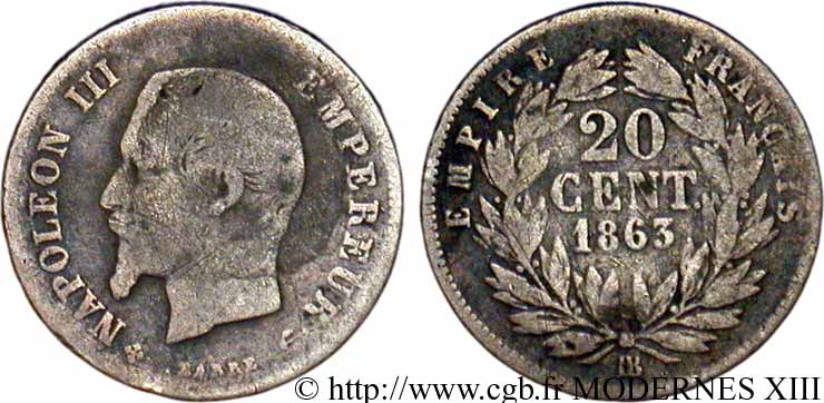 20 centimes Napoléon III, tête nue 1863 Strasbourg F.148/18 VF20 