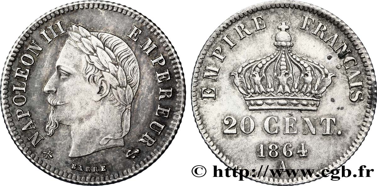 20 centimes Napoléon III, tête laurée, petit module 1864 Paris F.149/1 EBC55 