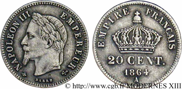 20 centimes Napoléon III, tête laurée, petit module 1864 Paris F.149/1 MBC40 