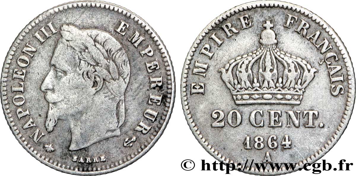 20 centimes Napoléon III, tête laurée, petit module 1864 Paris F.149/1 VF35 