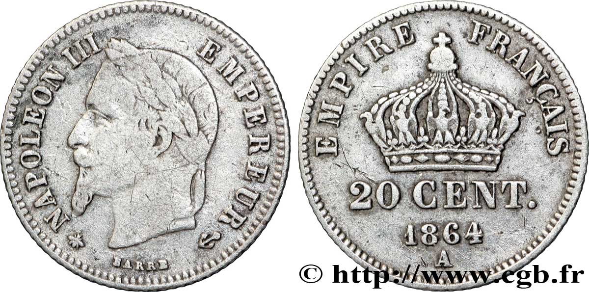 20 centimes Napoléon III, tête laurée, petit module 1864 Paris F.149/1 BC20 