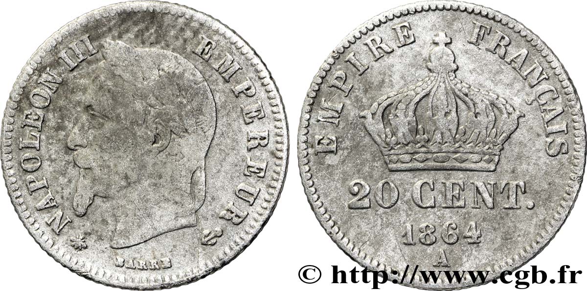 20 centimes Napoléon III, tête laurée, petit module 1864 Paris F.149/1 SGE12 
