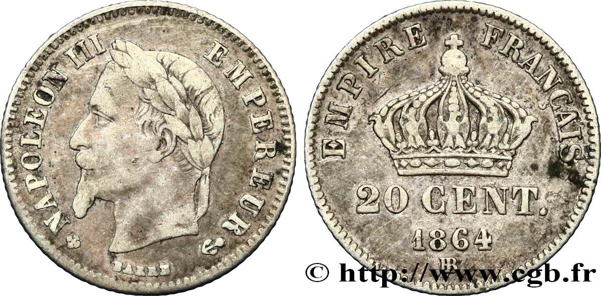 20 centimes Napoléon III, tête laurée, petit module 1864 Strasbourg F.149/2 S35 