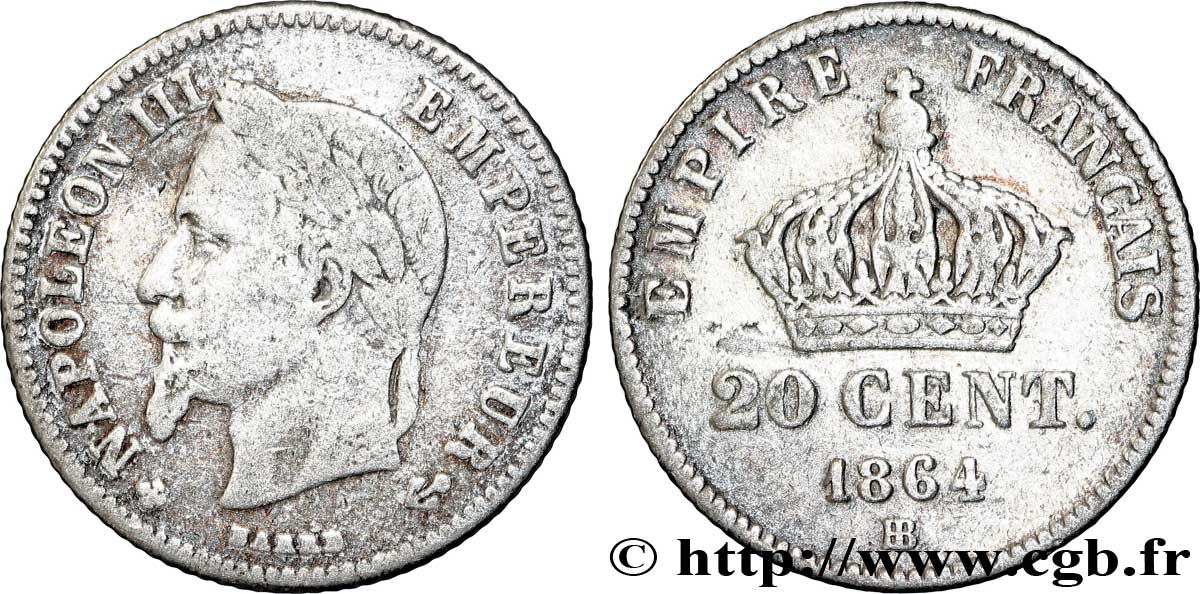 20 centimes Napoléon III, tête laurée, petit module 1864 Strasbourg F.149/2 BC20 