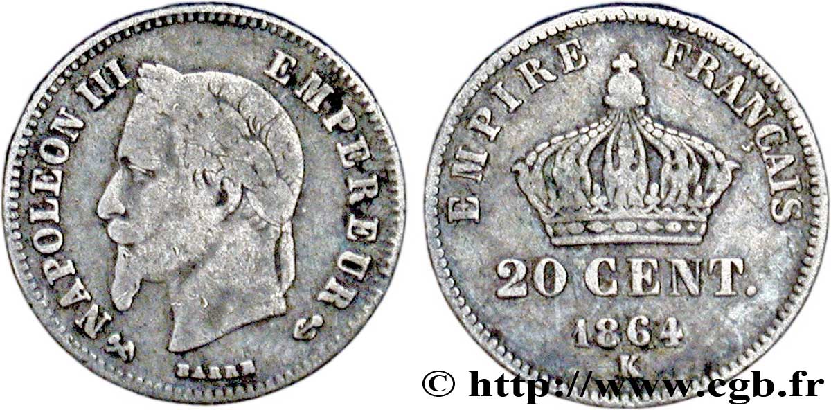 20 centimes Napoléon III, tête laurée, petit module 1864 Bordeaux F.149/3 TB20 