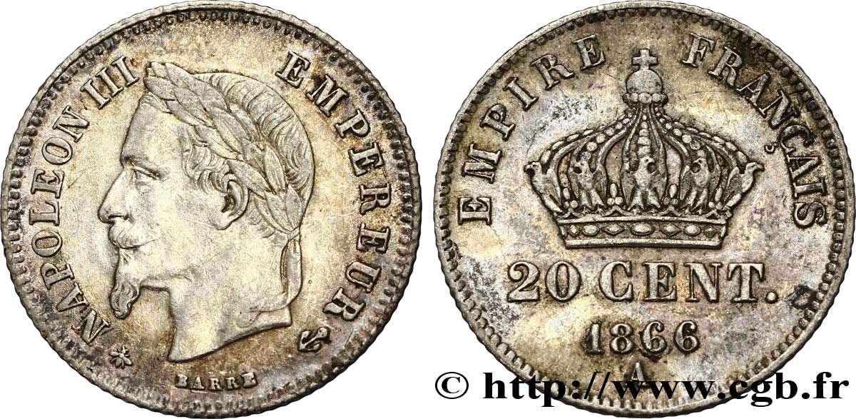 20 centimes Napoléon III, tête laurée, petit module 1866 Paris F.149/4 BB54 