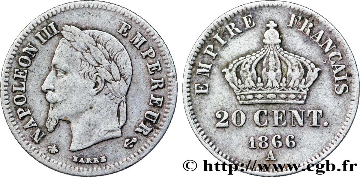 20 centimes Napoléon III, tête laurée, petit module 1866 Paris F.149/4 TTB40 