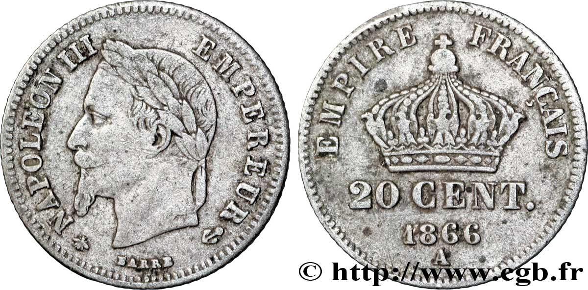 20 centimes Napoléon III, tête laurée, petit module 1866 Paris F.149/4 TB35 