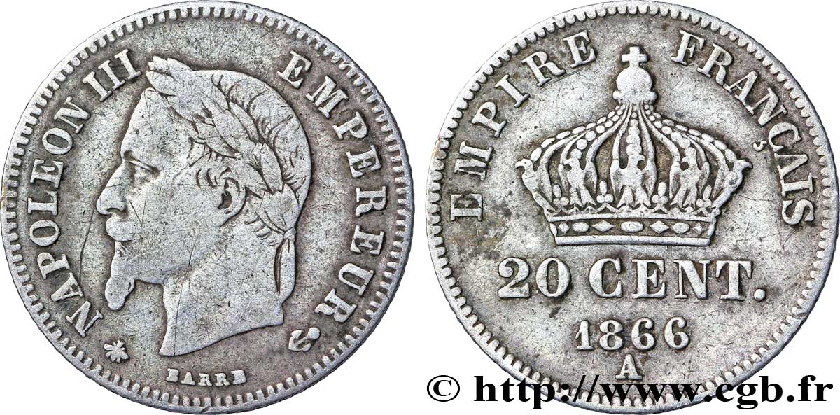 20 centimes Napoléon III, tête laurée, petit module 1866 Paris F.149/4 TB20 