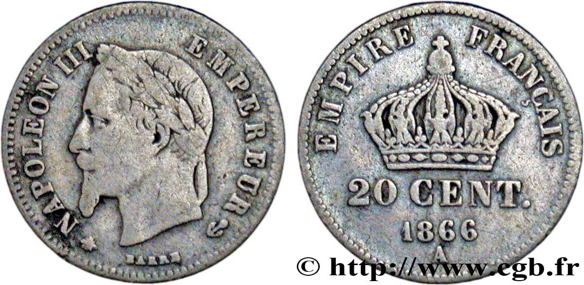 20 centimes Napoléon III, tête laurée, petit module 1866 Paris F.149/4 TB15 