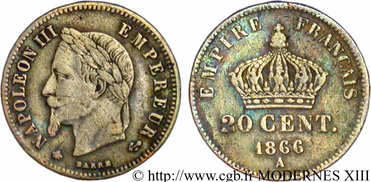 20 centimes Napoléon III, tête laurée, petit module 1866 Paris F.149/4 TB35 