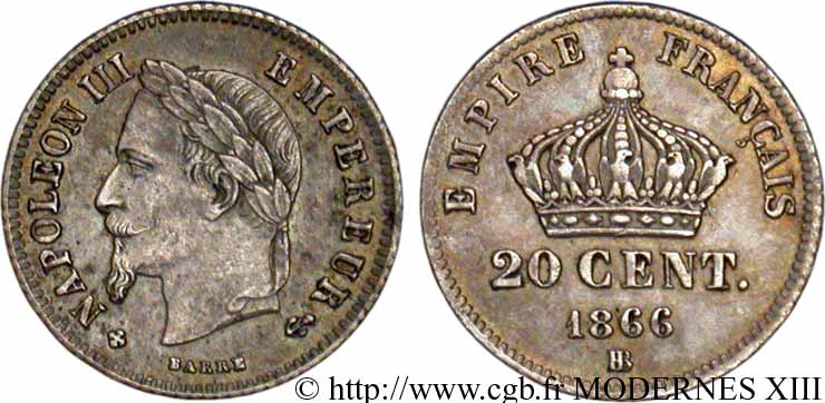 20 centimes Napoléon III, tête laurée, petit module 1866 Strasbourg F.149/5 SS54 