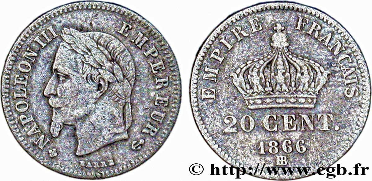 20 centimes Napoléon III, tête laurée, petit module 1866 Strasbourg F.149/5 TB35 