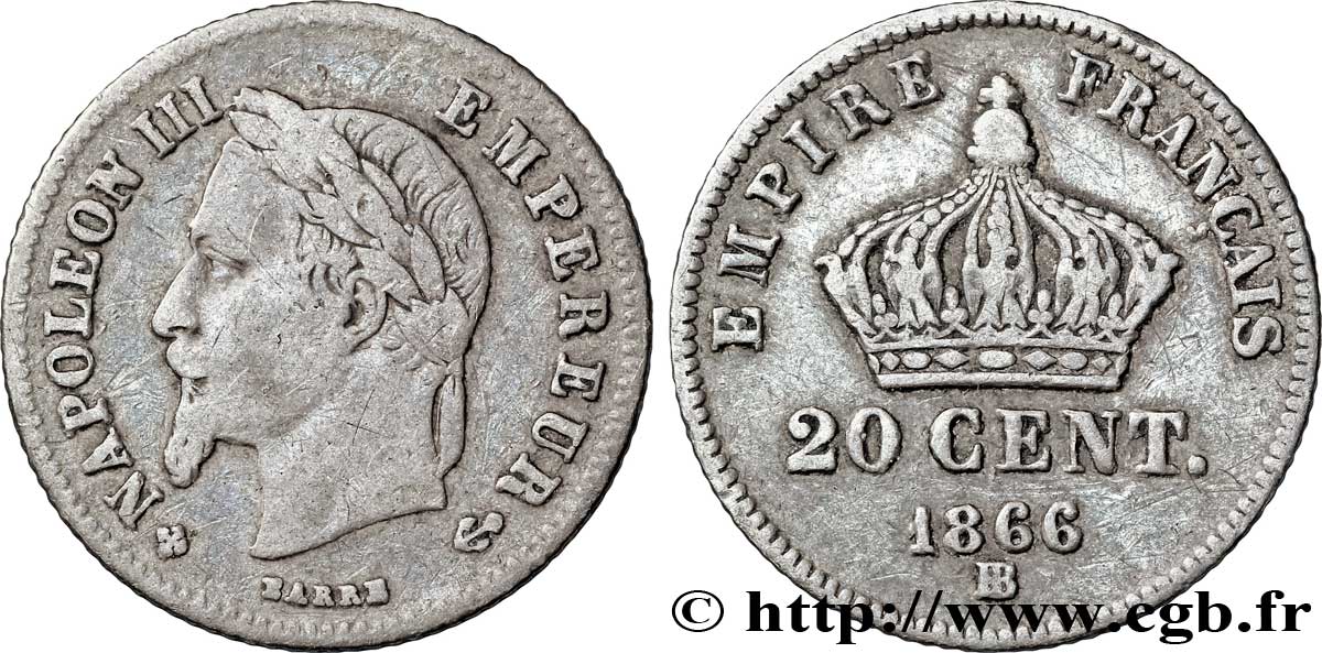 20 centimes Napoléon III, tête laurée, petit module 1866 Strasbourg F.149/5 TB15 