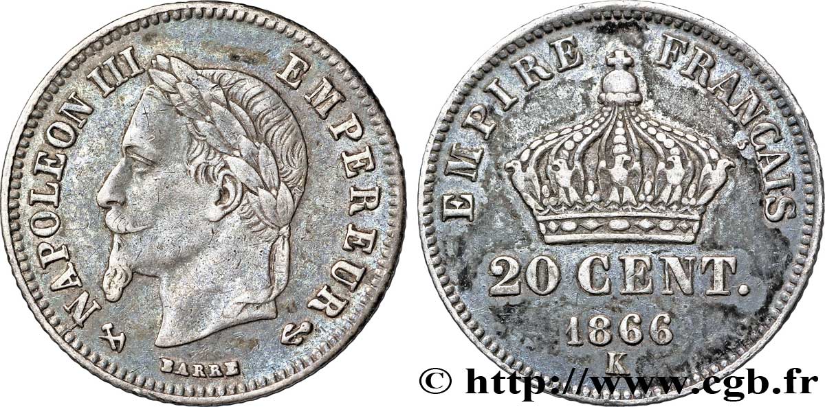 20 centimes Napoléon III, tête laurée, petit module 1866 Bordeaux F.149/6 TTB48 
