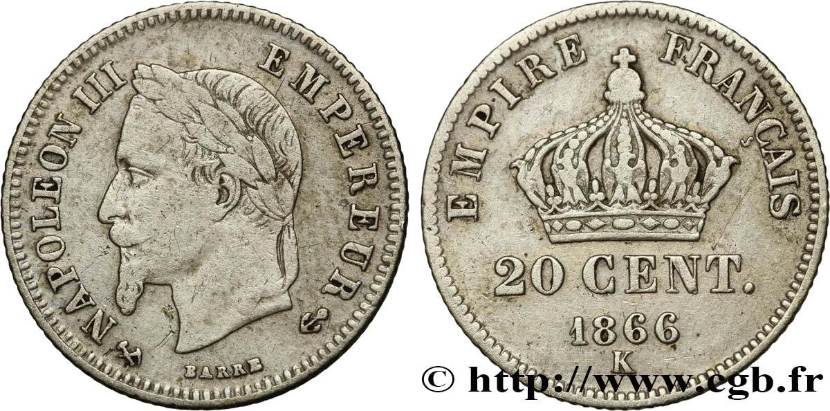 20 centimes Napoléon III, tête laurée, petit module 1866 Bordeaux F.149/6 TB35 