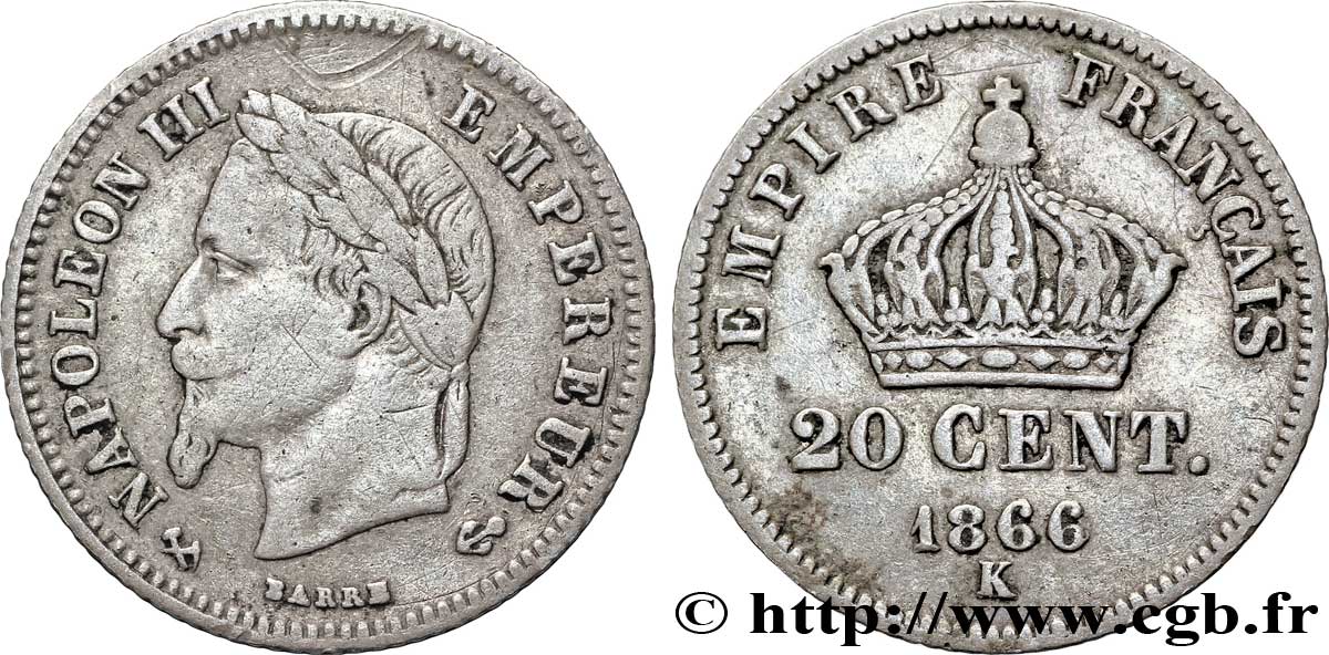 20 centimes Napoléon III, tête laurée, petit module 1866 Bordeaux F.149/6 TB20 