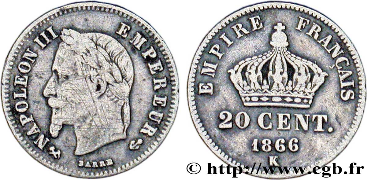 20 centimes Napoléon III, tête laurée, petit module 1866 Bordeaux F.149/6 TB15 