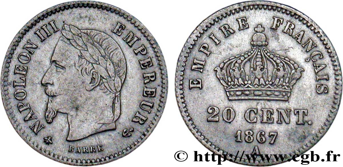 20 centimes Napoléon III, tête laurée, grand module 1867 Paris F.150/1 TTB40 