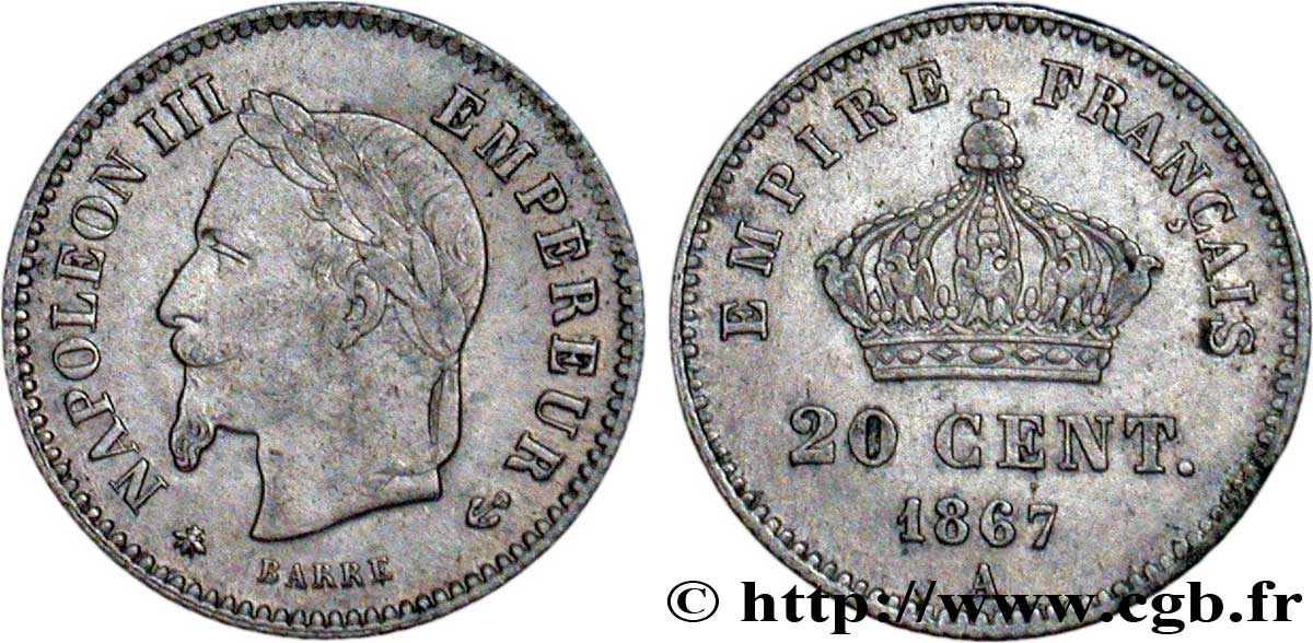 20 centimes Napoléon III, tête laurée, grand module 1867 Paris F.150/1 TB35 