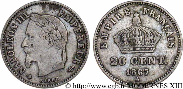 20 centimes Napoléon III, tête laurée, grand module 1867 Paris F.150/1 S20 