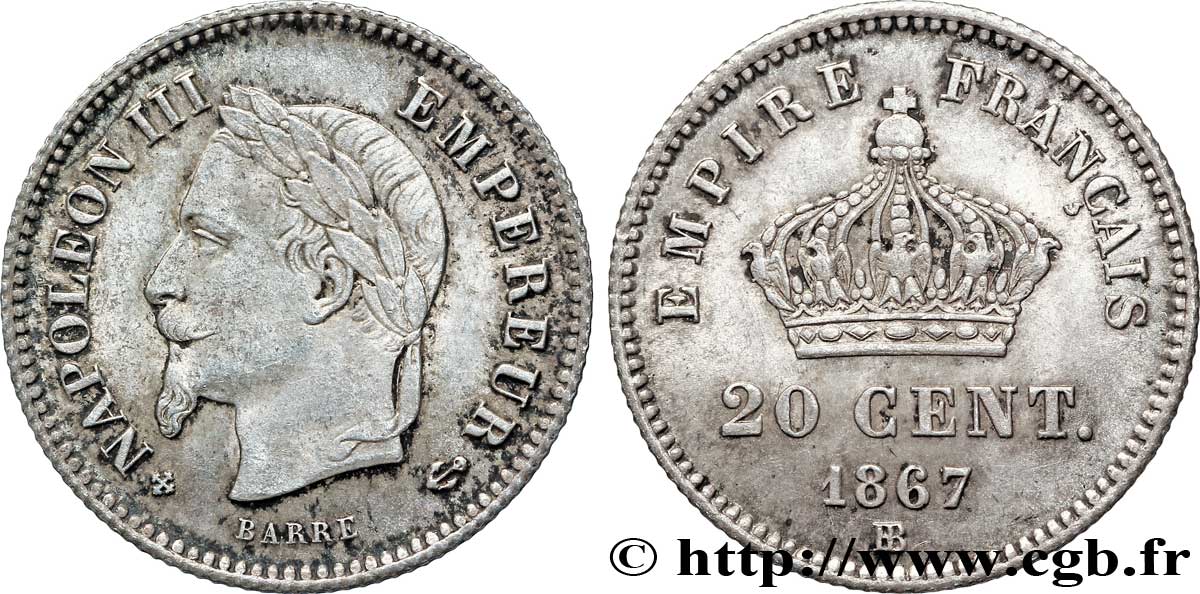 20 centimes Napoléon III, tête laurée, grand module 1867 Strasbourg F.150/2 SUP60 