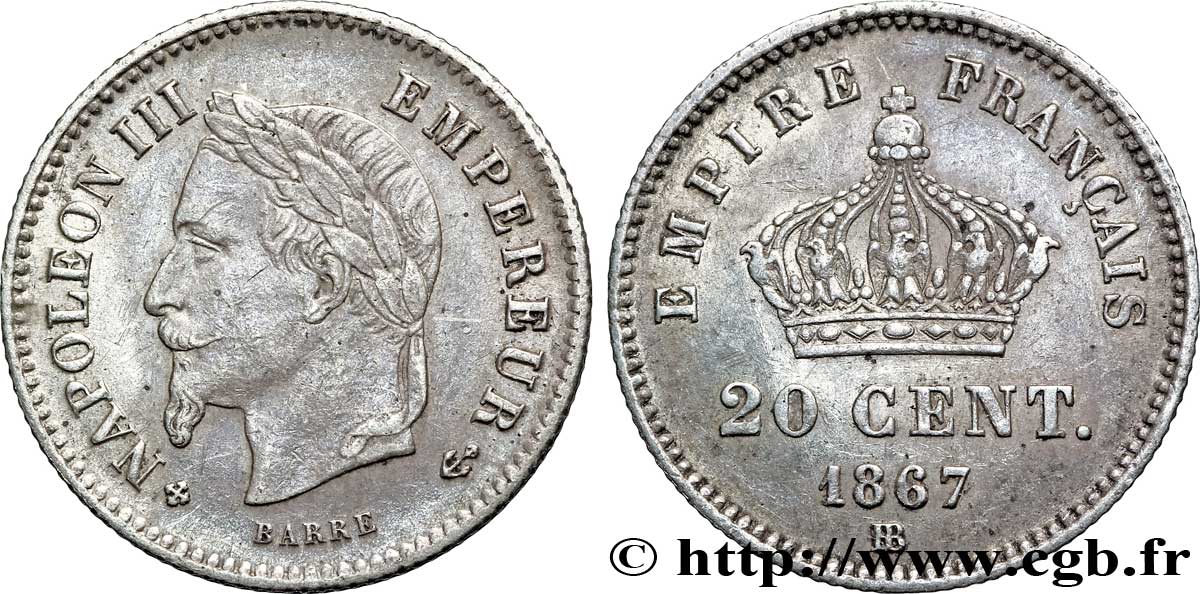 20 centimes Napoléon III, tête laurée, grand module 1867 Strasbourg F.150/2 EBC58 