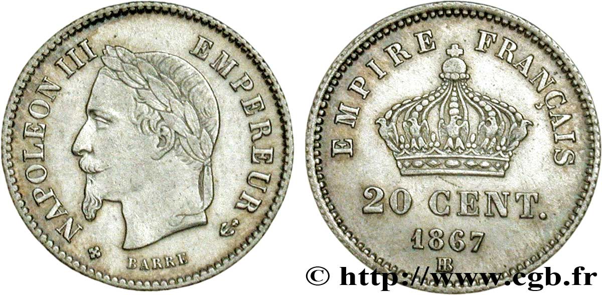 20 centimes Napoléon III, tête laurée, grand module 1867 Strasbourg F.150/2 XF40 