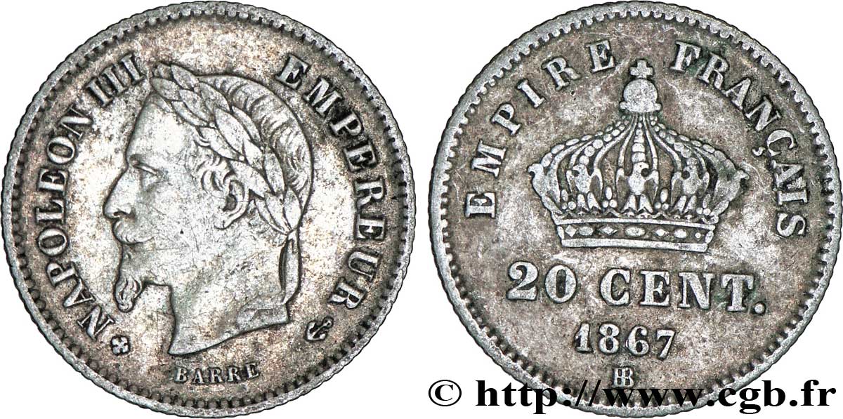 20 centimes Napoléon III, tête laurée, grand module 1867 Strasbourg F.150/2 TB35 