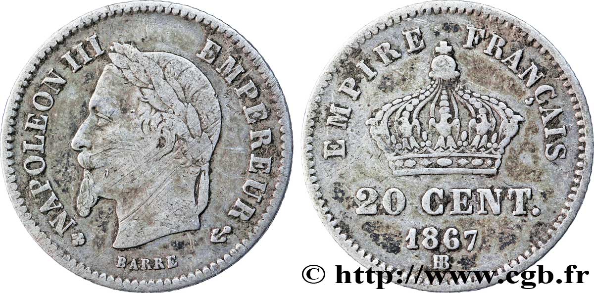 20 centimes Napoléon III, tête laurée, grand module 1867 Strasbourg F.150/2 S20 