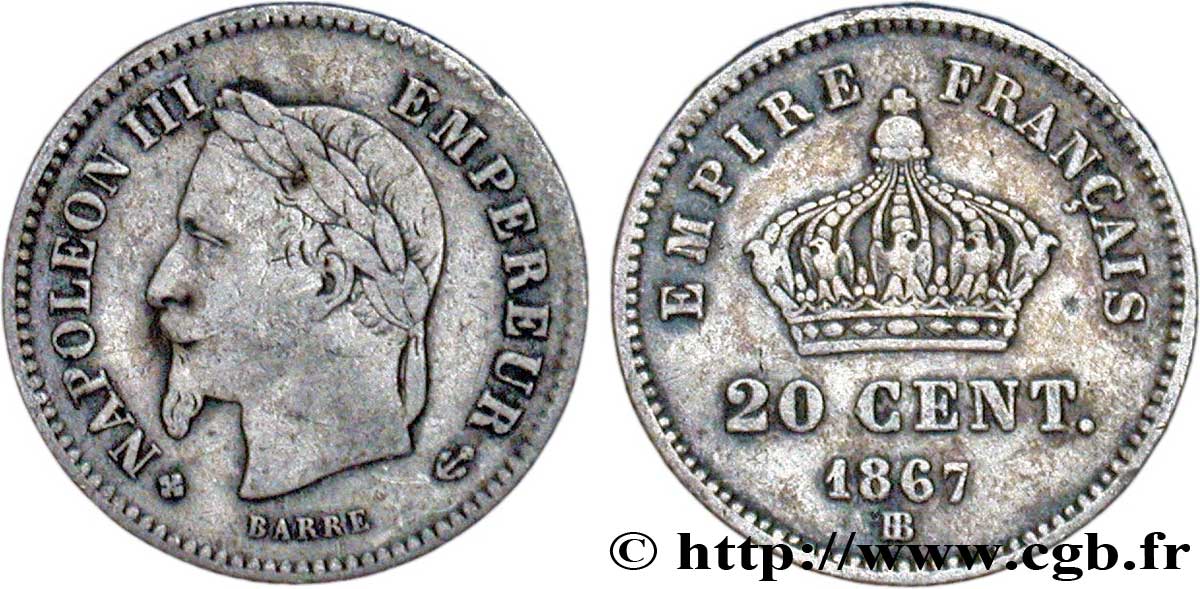 20 centimes Napoléon III, tête laurée, grand module 1867 Strasbourg F.150/2 F15 
