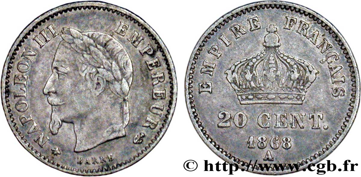 20 centimes Napoléon III, tête laurée, grand module 1868 Paris F.150/4 TB35 