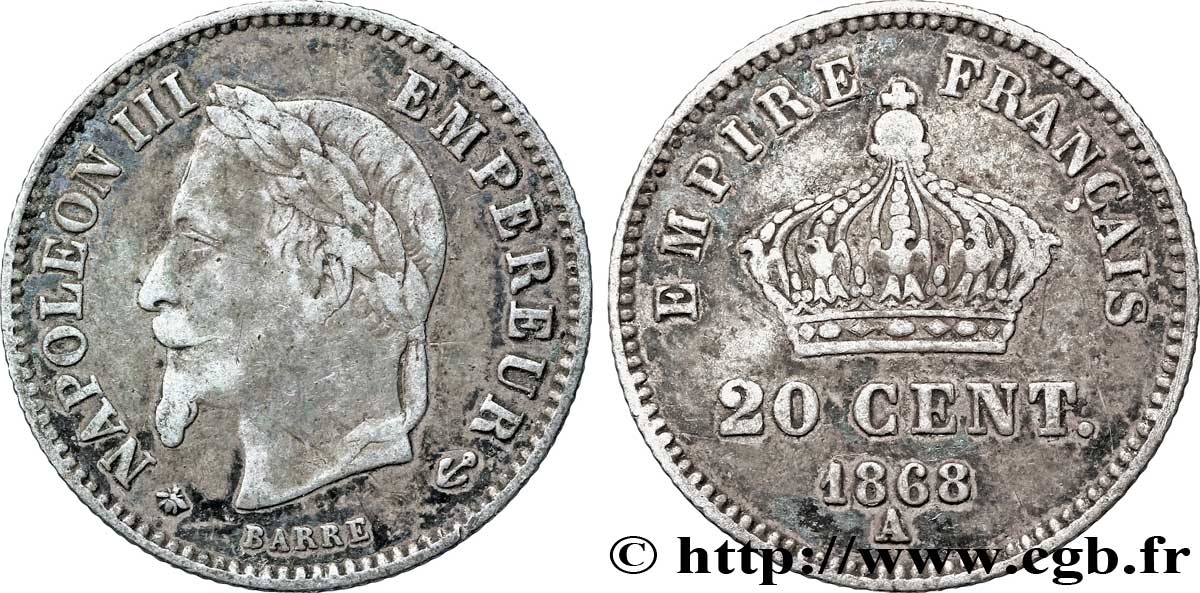 20 centimes Napoléon III, tête laurée, grand module 1868 Paris F.150/4 TB25 