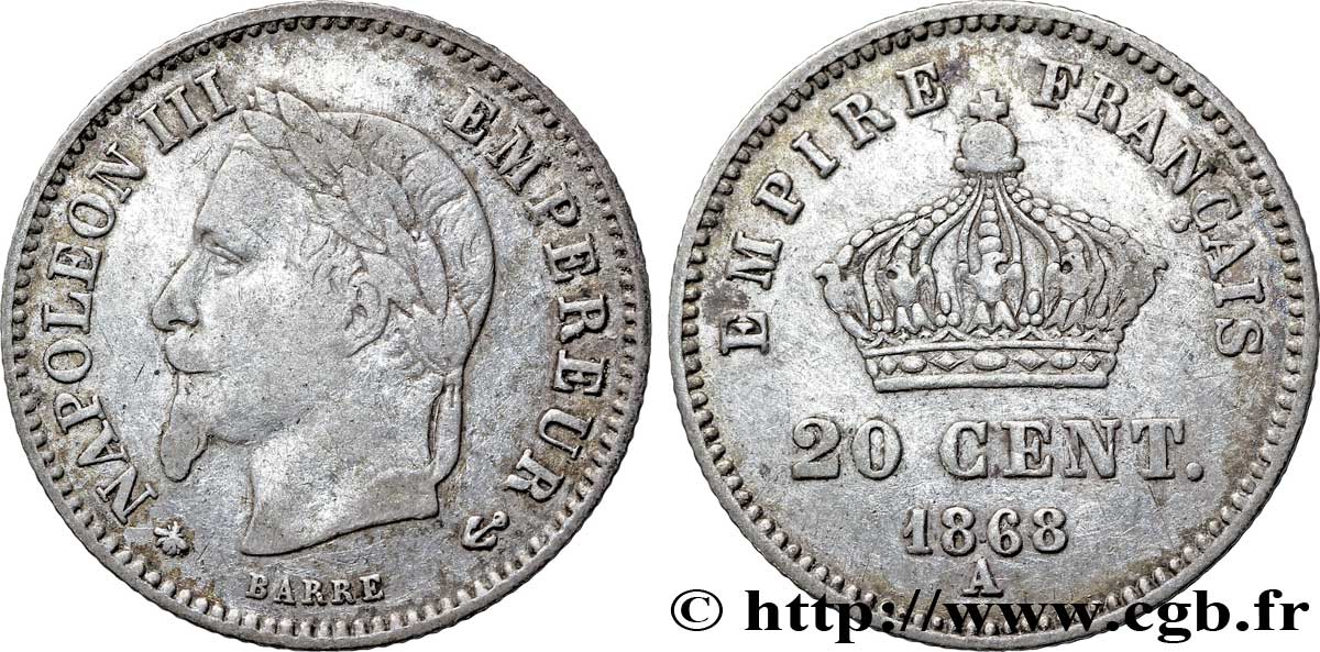 20 centimes Napoléon III, tête laurée, grand module 1868 Paris F.150/4 S15 