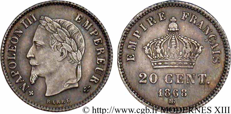 20 centimes Napoléon III, tête laurée, grand module 1868 Strasbourg F.150/5 SPL58 