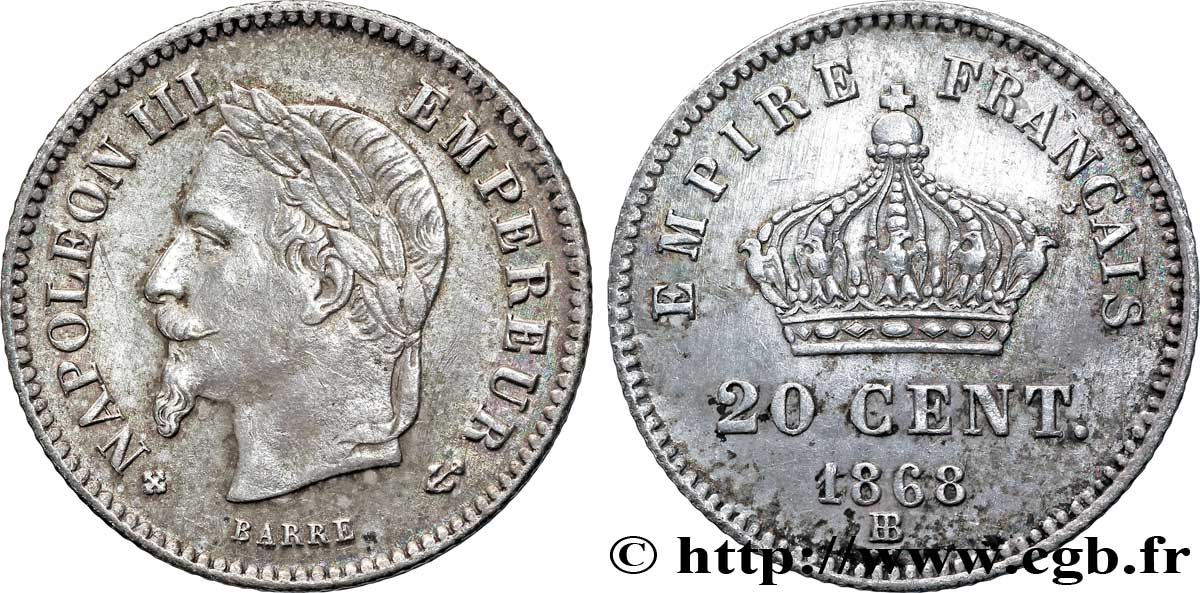 20 centimes Napoléon III, tête laurée, grand module 1868 Strasbourg F.150/5 SS50 
