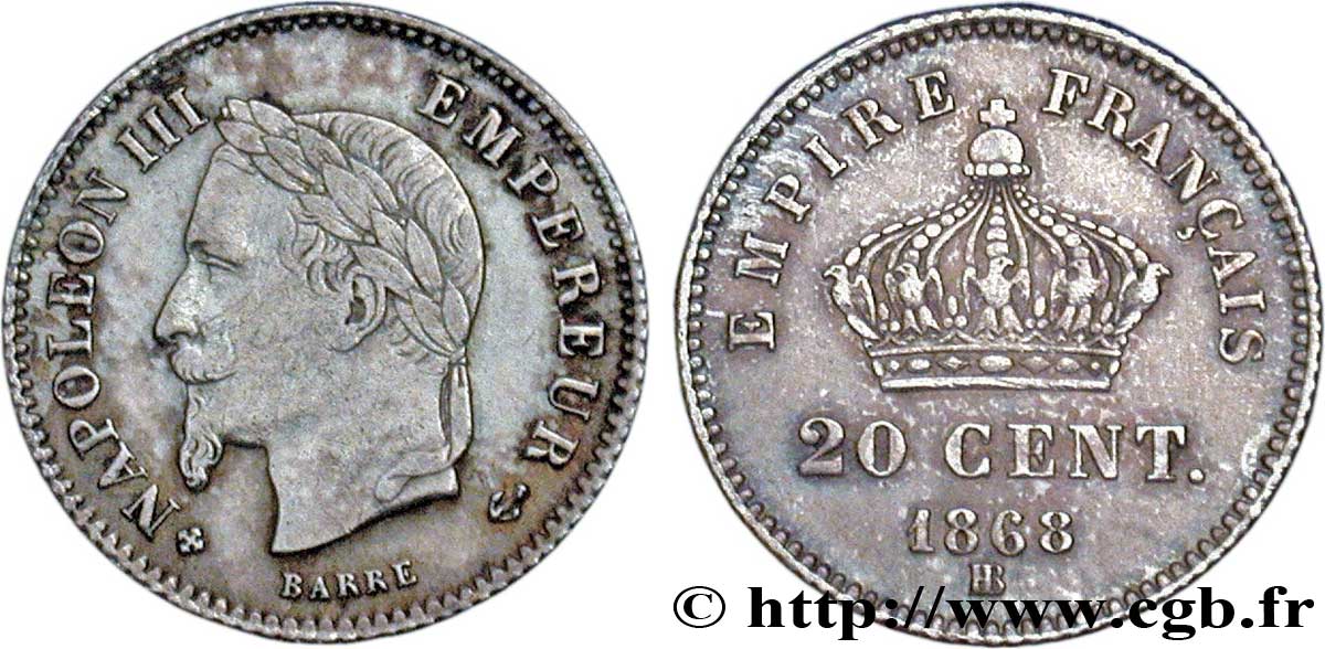 20 centimes Napoléon III, tête laurée, grand module 1868 Strasbourg F.150/5 TB35 