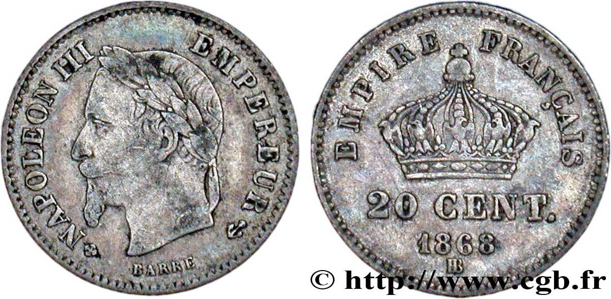 20 centimes Napoléon III, tête laurée, grand module 1868 Strasbourg F.150/5 BC20 
