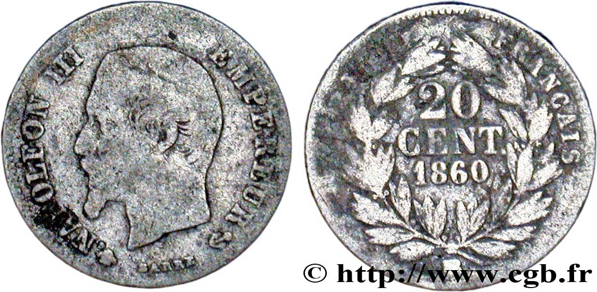 20 centimes Napoléon III, tête nue 1860 Strasbourg F.148/16 F12 