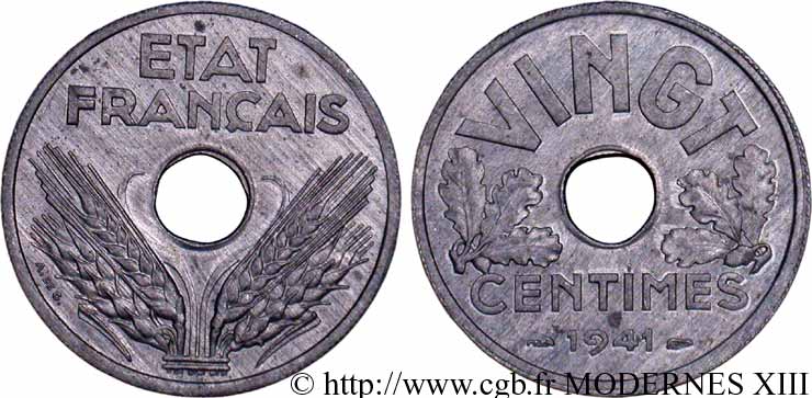 VINGT centimes État français 1941  F.152/2 SUP55 