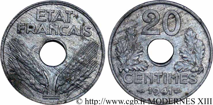 Essai-piéfort de 20 centimes État français 1941  F.153/1P SUP55 