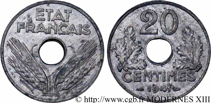 20 centimes État français 1941  F.153/2 SUP58 