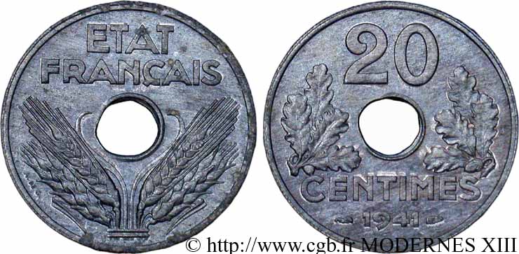 20 centimes État français 1941  F.153/2 SUP55 