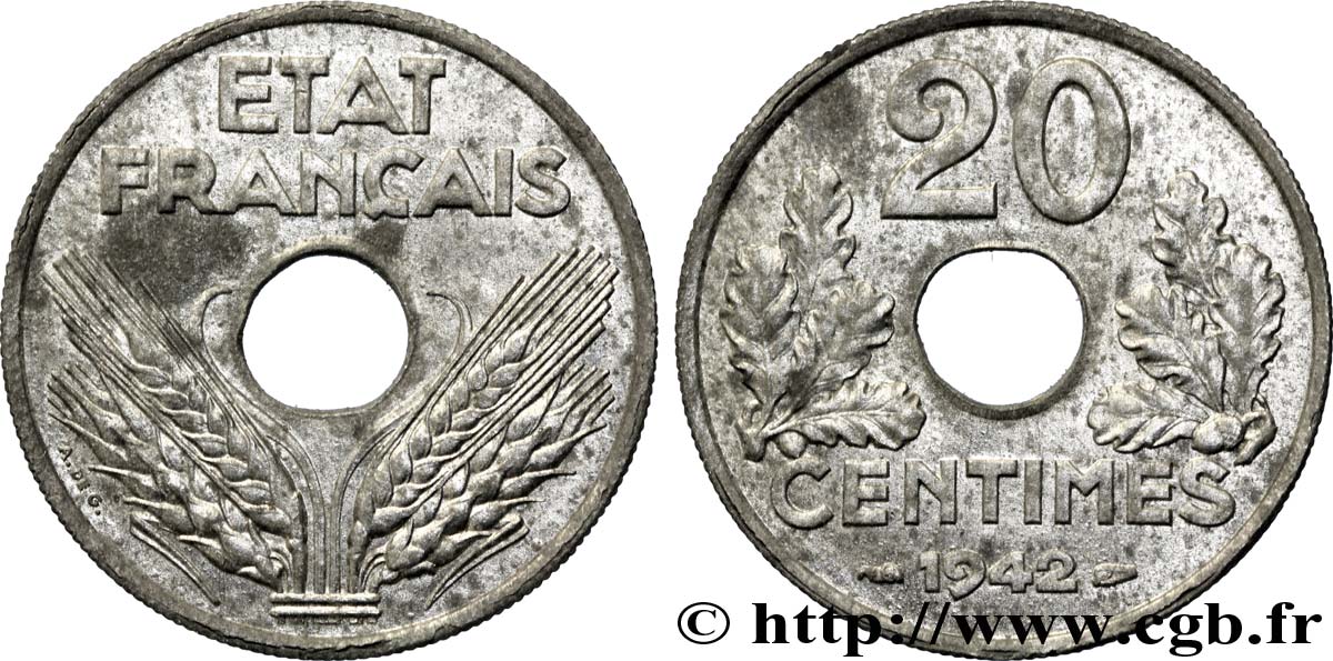 20 centimes État français, lourde 1942  F.153/4 SPL55 