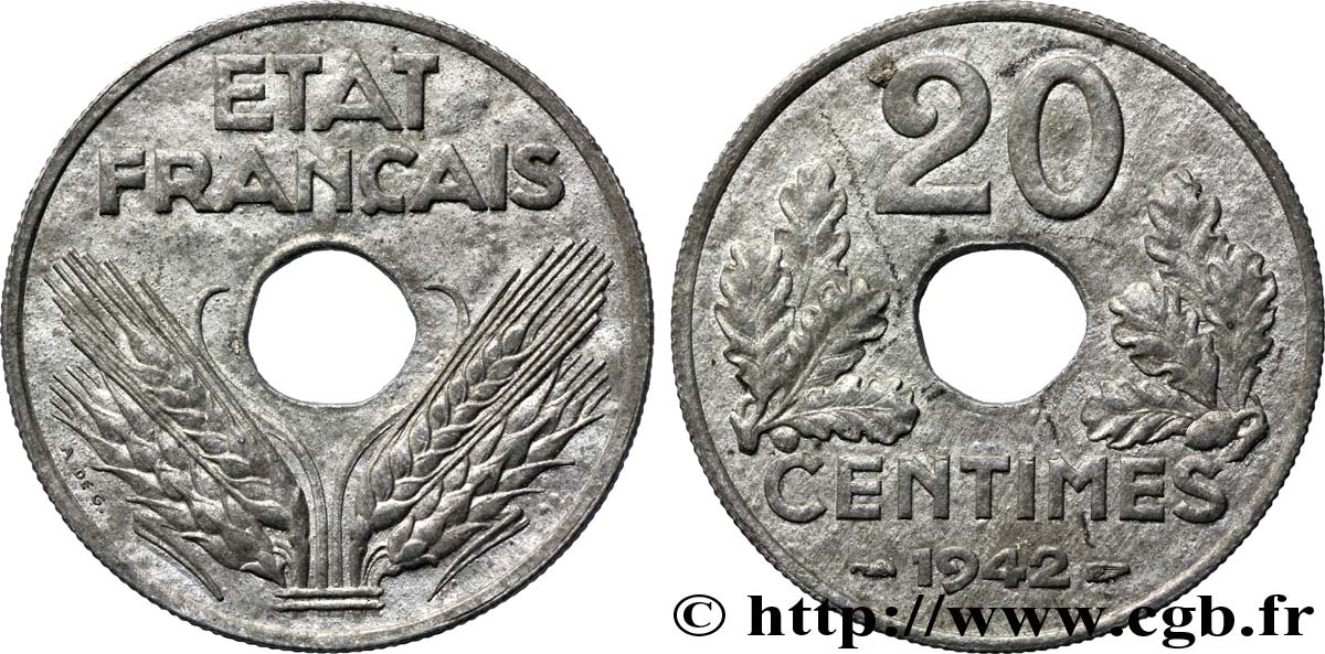 20 centimes État français, lourde 1942  F.153/4 SS40 