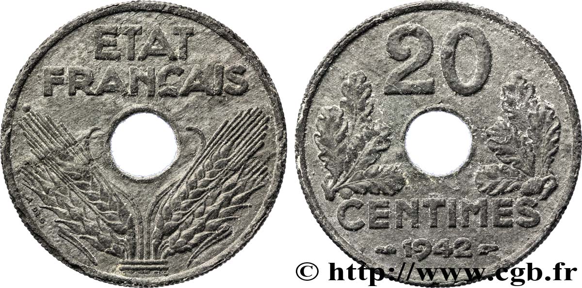 20 centimes État français, lourde 1942  F.153/4 TB20 