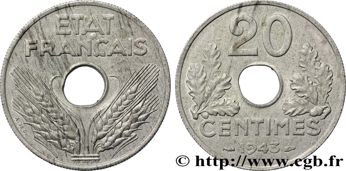 20 centimes État français, légère 1943  F.153A/1 MBC48 